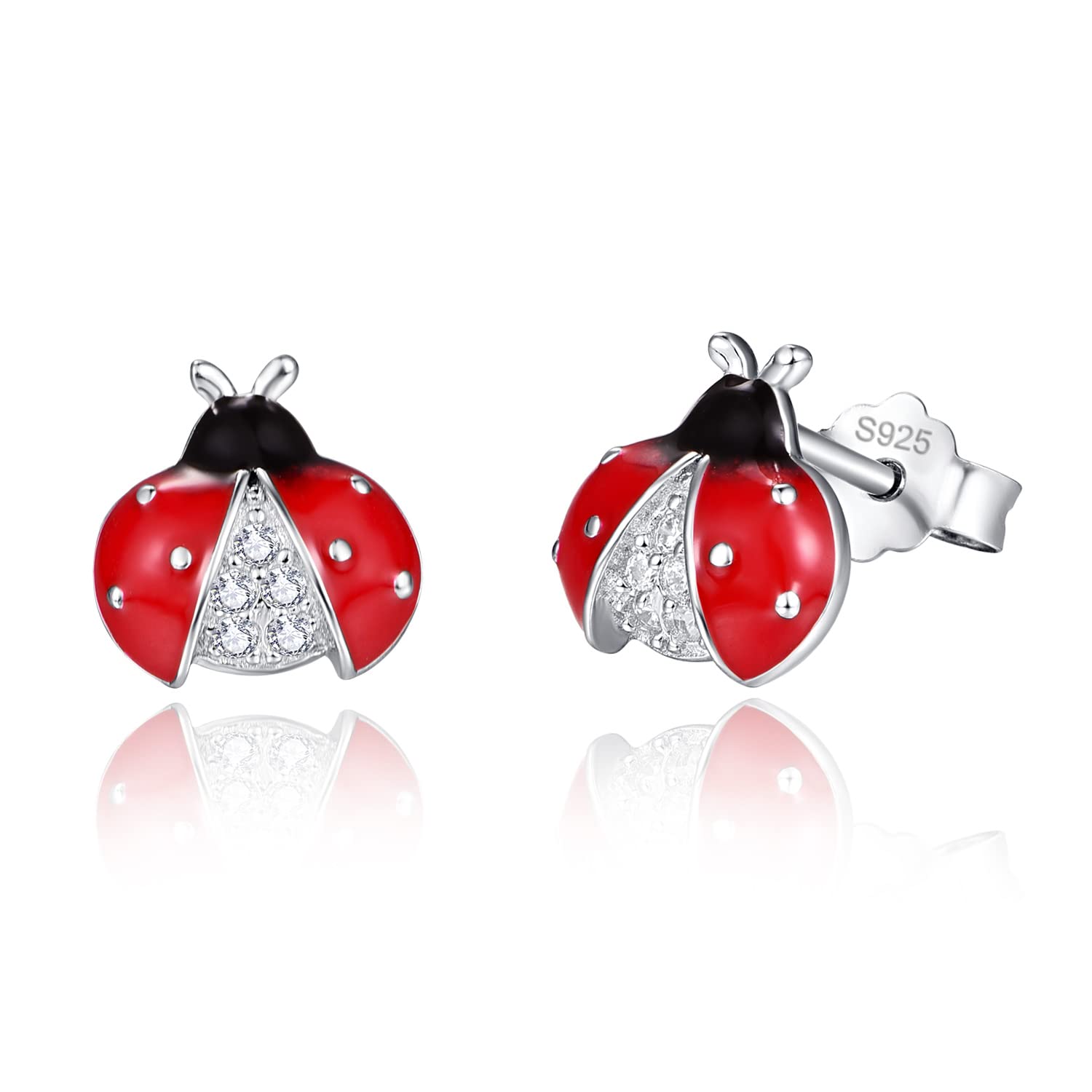 Orecchini a forma di coccinella per donna e ragazza, in argento sterling 925, ipoallergenico, con coccinella, piccoli orecchini a lobo rosso, testa nera