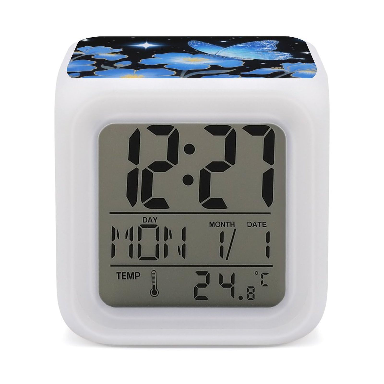 7 Color Ambient Night Light Cube Battery Operated Blue Butterflies Digital Clock with Snooze Temperature LED Digital Alarm Clocks Dimmable Wake Up Light Portable Mood Lamp for Bedroom Desk Gift