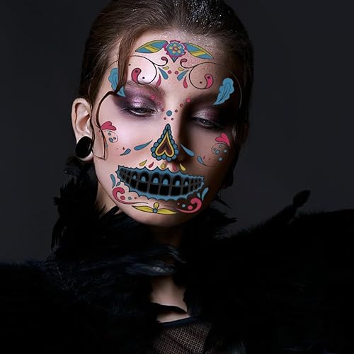 Miniatura 5 de Tatuajes de cara del Día de los Muertos, flores de rosas, tatuajes temporales luminosos, Día de Los Calavera de Azúcar, Muertos, Esqueleto Cosplay