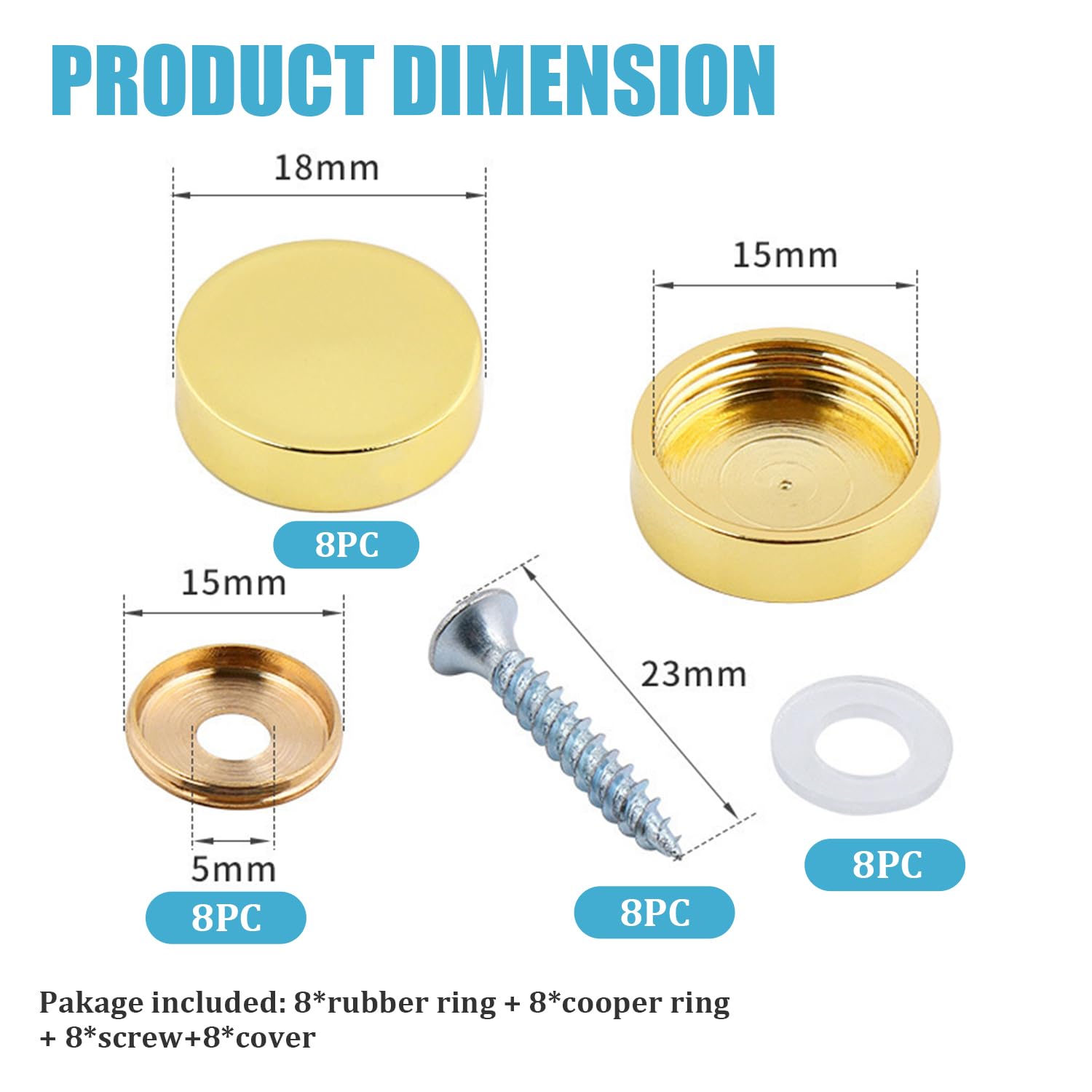 8PCS Juttzzei Brass Mirror Screws Caps, 18mm Brass Decorative Screws with Caps - Image 2