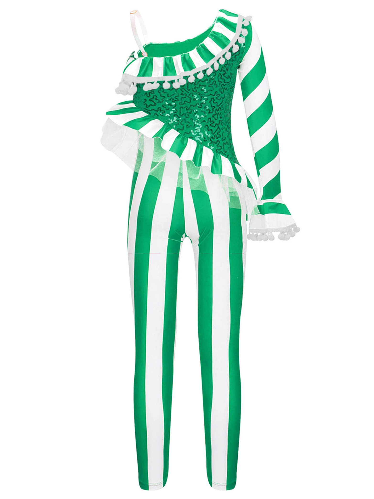 Daenrui Kids Girls Christmas Candy Cane Striped Sequins Dance Unitard Jumpsuit Stage Performance Costume Green 16 Years