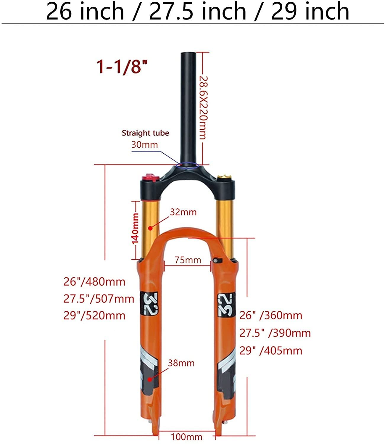 Widelec rowerowy 26/27,5/29 cali, stop magnezu, widelec przedni z amortyzatorem, skok sprężyny 140 mm, 9 mm szybkozłączka, hamulec tarczowy do rowerów MTB 26 cali