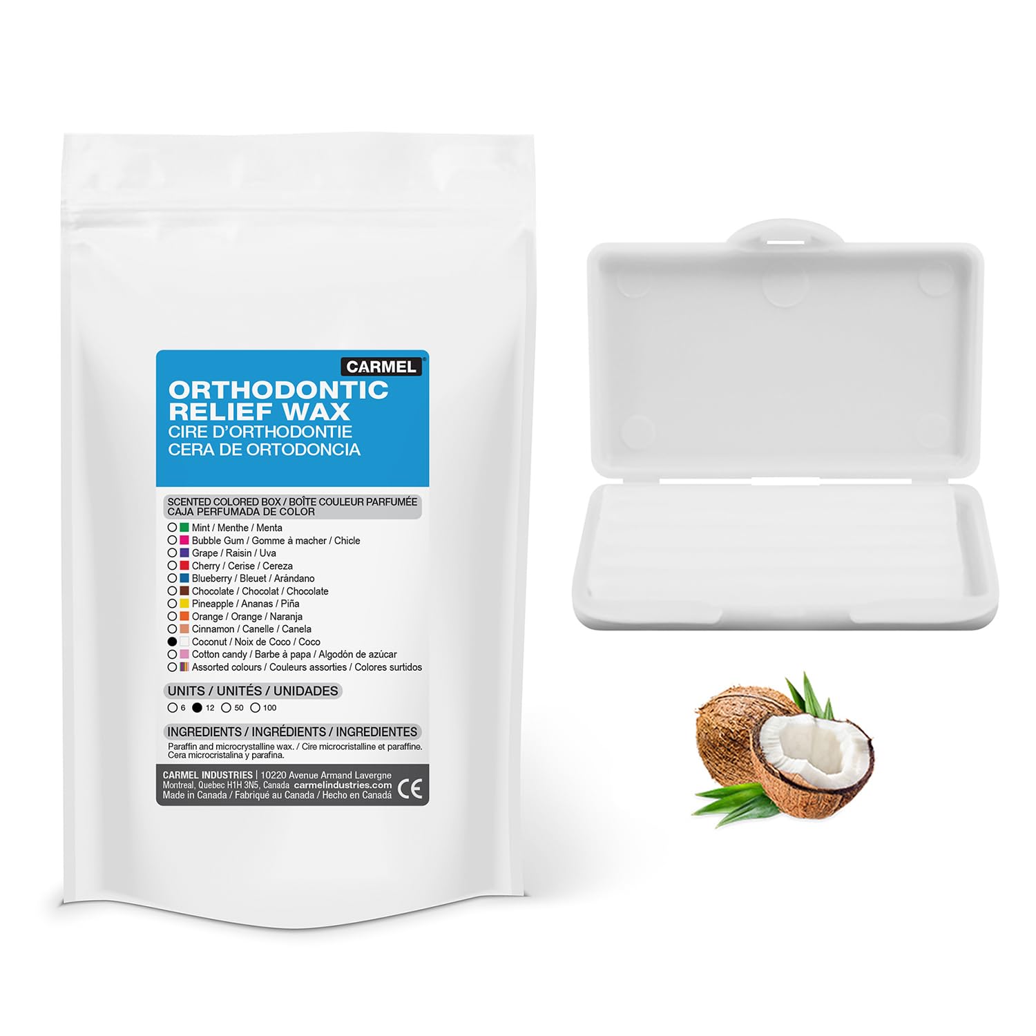 Carmel Orthodontic Wax in a Coconut Scented Box, Pack of 12, Relief for Braces, Dental Appliances, Damaged Teeth