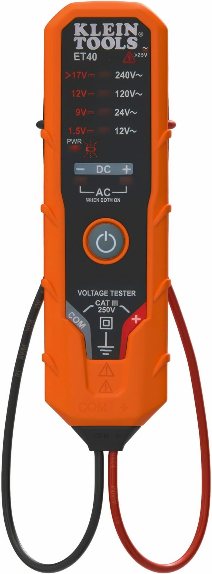 Klein Tools ET40 Digital AC/DC Voltage Tester, 12-240V AC, 1.5-24V DC, LED Illumination, DC Polarity, Auto Off, CATIII 250V-Class 2- Double Insulation, IP4 Dust and Water Resistant