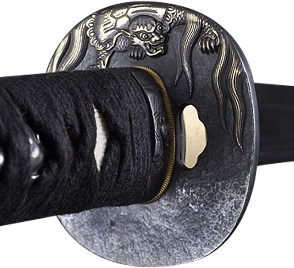 Handmade Sword - Fully Functional Samurai Katana Sword, 1045 Carbon Steel, Hand Forged Clay Tempered, Full Tang, Sharp, Turtle Copper Tsuba, Red Scabbard with Bubble Patern, Certificate