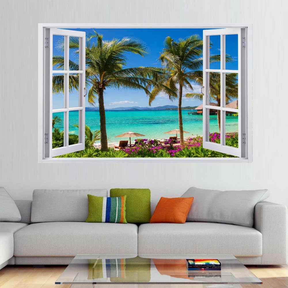 Wandbilder Wandtattoo 3D Palmen Wanddurchbruch Wandaufkleber Strand Naturlandschaft Fensterdeko Bilder Wanddeko Mädchen Aufkleber Selbstklebend Fenstersticker Wandsticker Kinderzimmer Deko