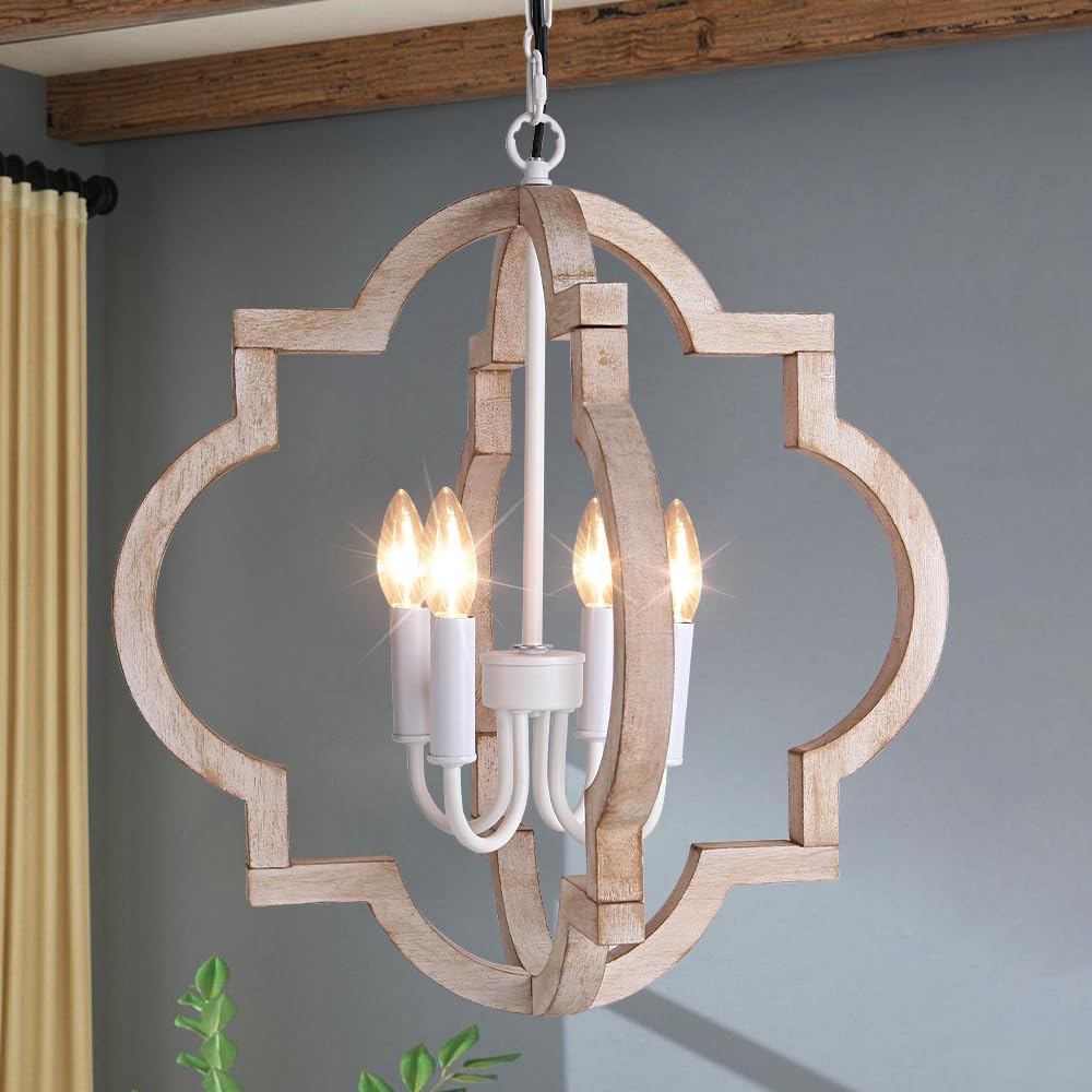 Sedelan White Wood Chandelier 4-Light French Country Chandelier, Farmhouse Chandeliers for Dining Room, Rustic Orb Candle Ceiling Chandelier 19.68", Kitchen Island Lighting for Entryway Bedroom