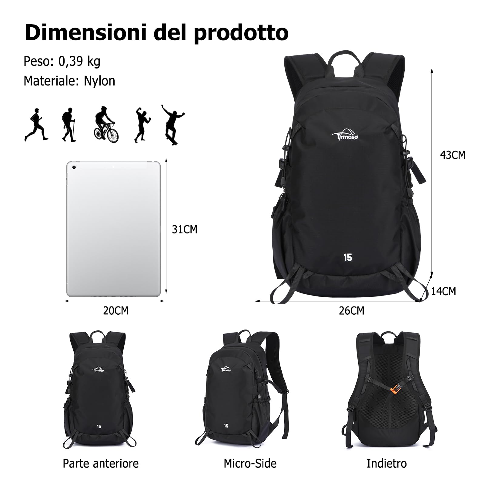 15L Zaino da Escursionismo Leggero Zaino Outdoor Traspirante in Nylon Multitasche Zaini per Campeggio Viaggi Uso Quotidiano Nero