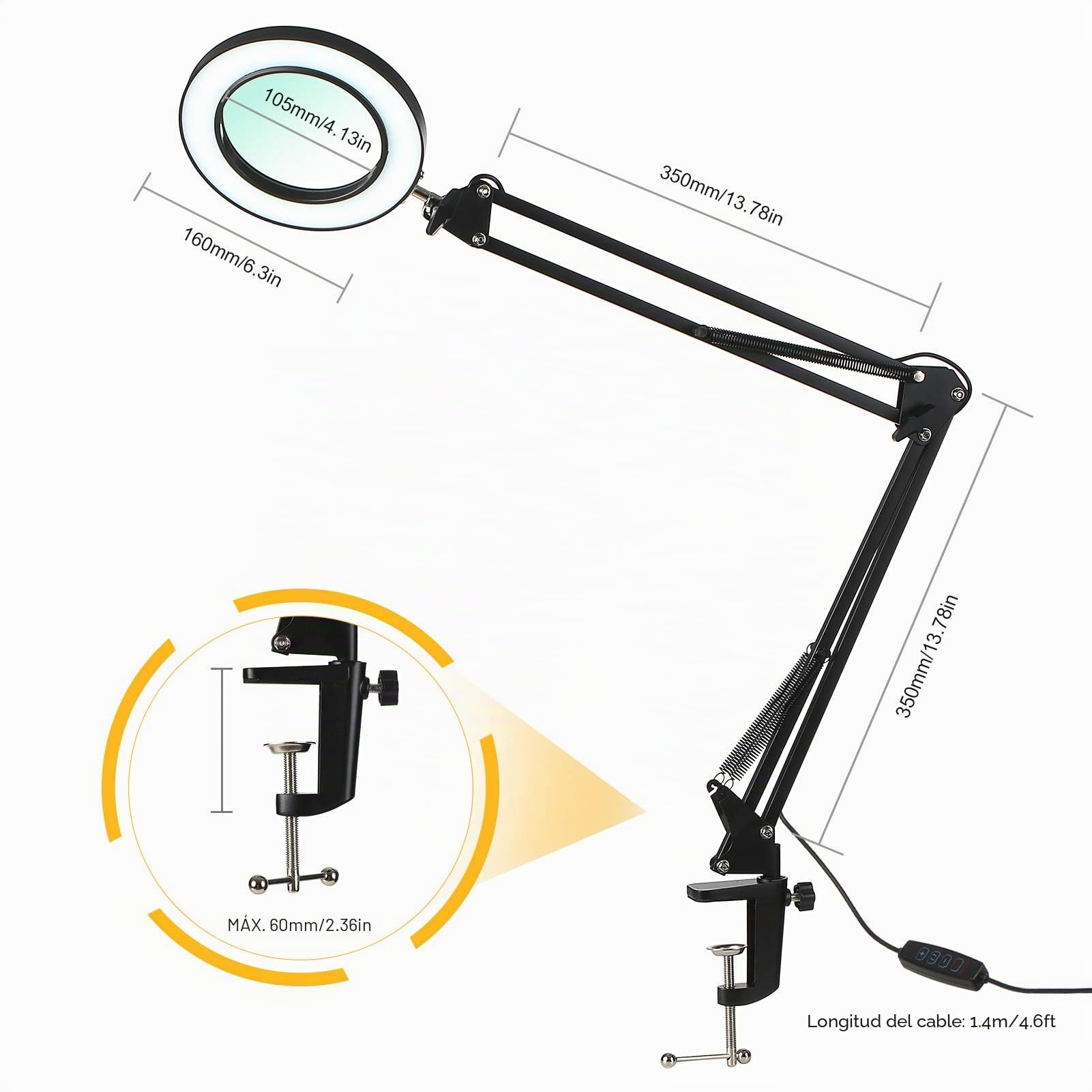 Tomshine Lámparas de lupa 8X,Lámpara de aumento LED con 10 Ajustes Bright Regulables, Lámpara de cuello de cisne flexible portátil para mesa de trabajo y uñas arte