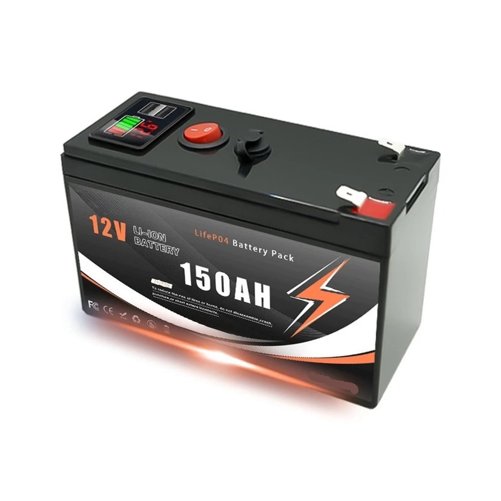Batteria A Ciclo Profondo 12V 60/80/100/120/150Ah | Pacco batteria agli ioni di litio con display e doppia porta USB BMS integrato(12V 100Ah)