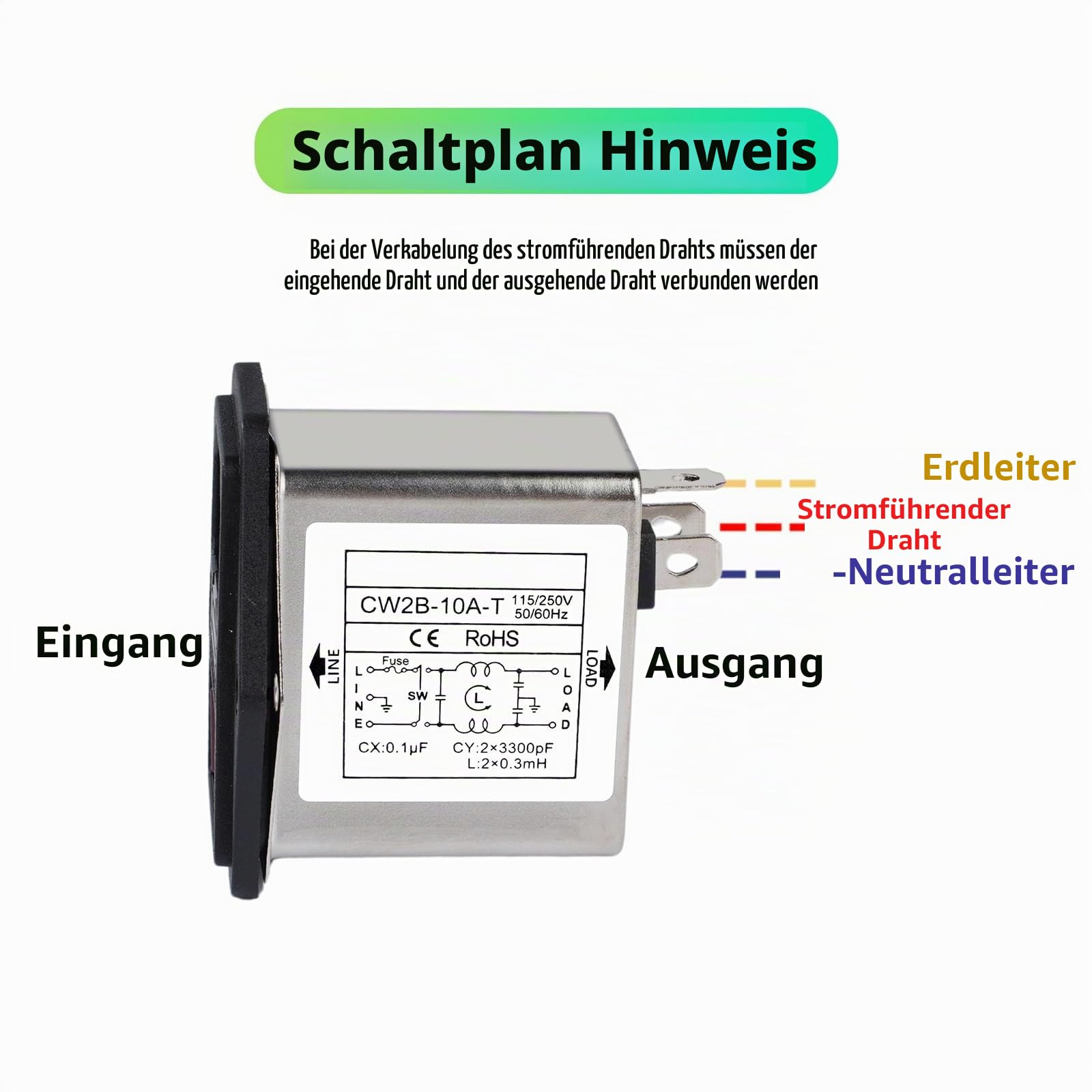 Jadeshay Netzfilter, CW2B-10A-T EMI Filter 10A Einphasiger Netzfilter Steckdose Elektromagnetische Interferenzfilter 50/60 Hz AC 115V/250V