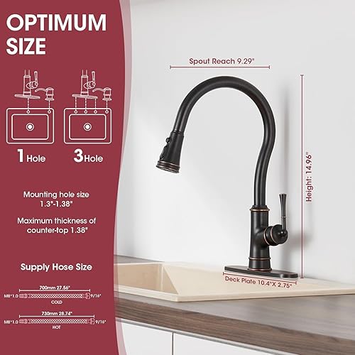 Miniatura 6 de Grifo de cocina de latón con rociador extraíble, 3 modos de rociador, grifo de fregadero de cocina de arco alto, arco alto romano, 3 o 1 orificio