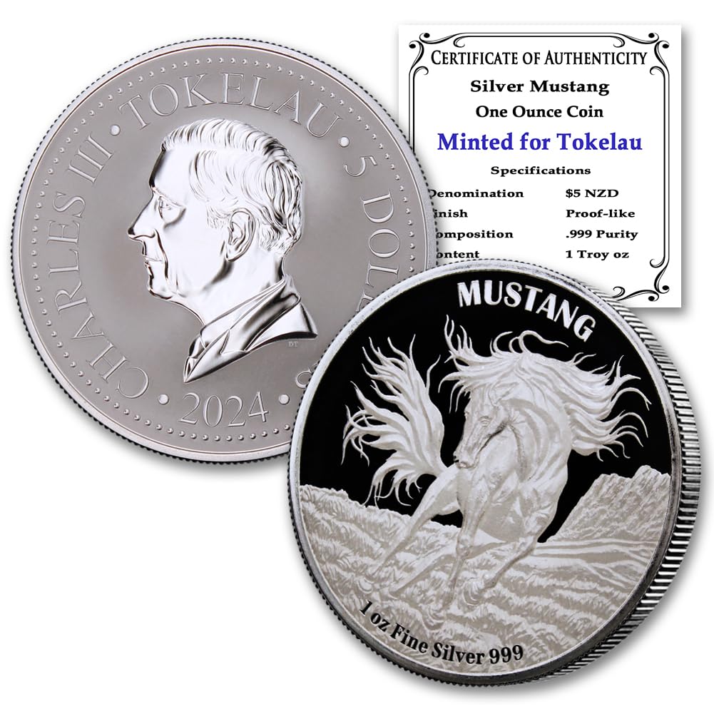 2024-1 oz Tokelau Silver Mustang Coin Prooflike with Certificate of Authenticity $5 Seller PL