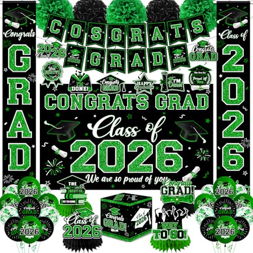 Graduation Decorations Class of 2026 Green Graduation Decorations 2026- Congrats Grad Decorations Banner Hanging Swirls Graduation Card Box Paper Pompoms Balloons Porch Sign for College Grad Party