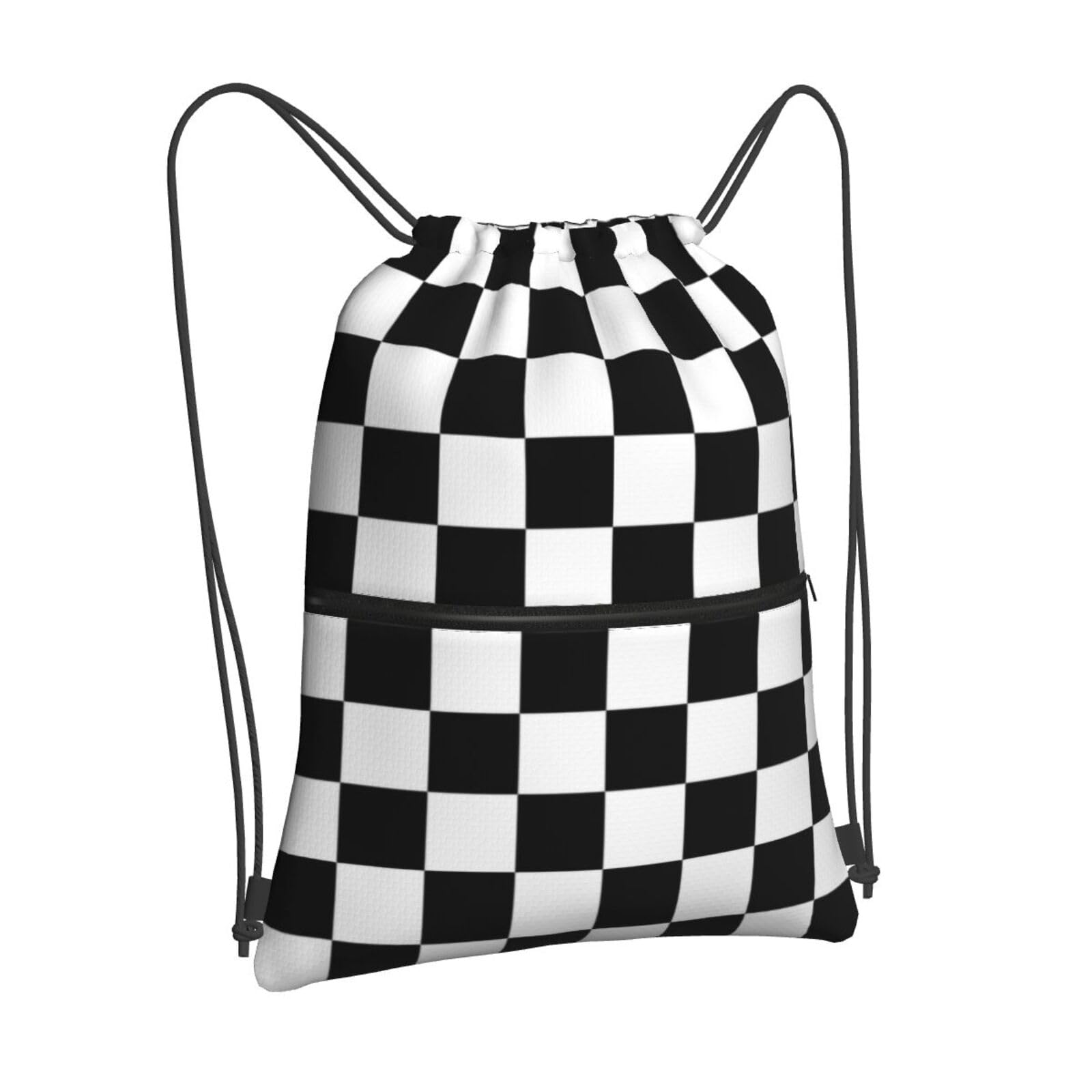 Newhomestyle Checkerboard Drawstring Bags, Outdoor Sports Black White Race Cinch String Bag, Waterproof Gym Drawstring Backpack, Men Women Large Capacity Cinch Sackpack with Zippered Pocket โ image 1