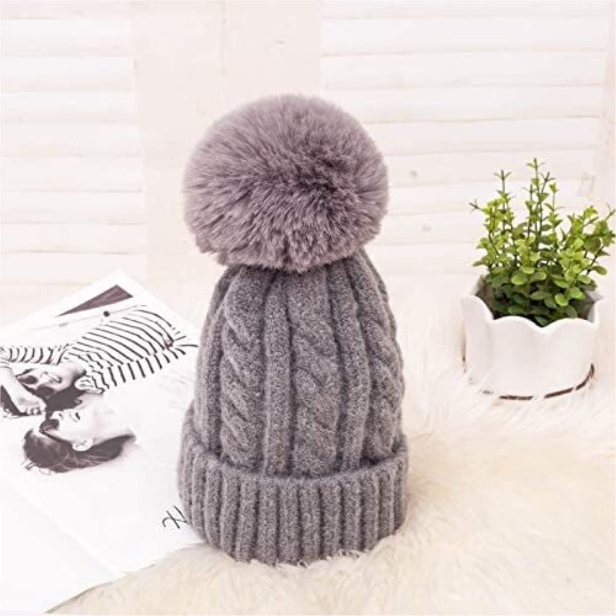 Gorro de Lana de Invierno Suave, Holgado, cálido, con puños para Mujer, Gorros de Punto con pompón Falso (Talla única)