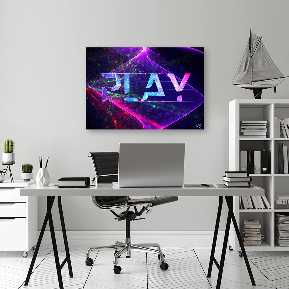 Feeby 1-teilig Vlies Leinwandbild 90x60 cm Spiele Gaming PLAY Druckbild Wandbild Wanddekoration Deko Wand Aesthetic Für den Gamer Laser Neon Violett