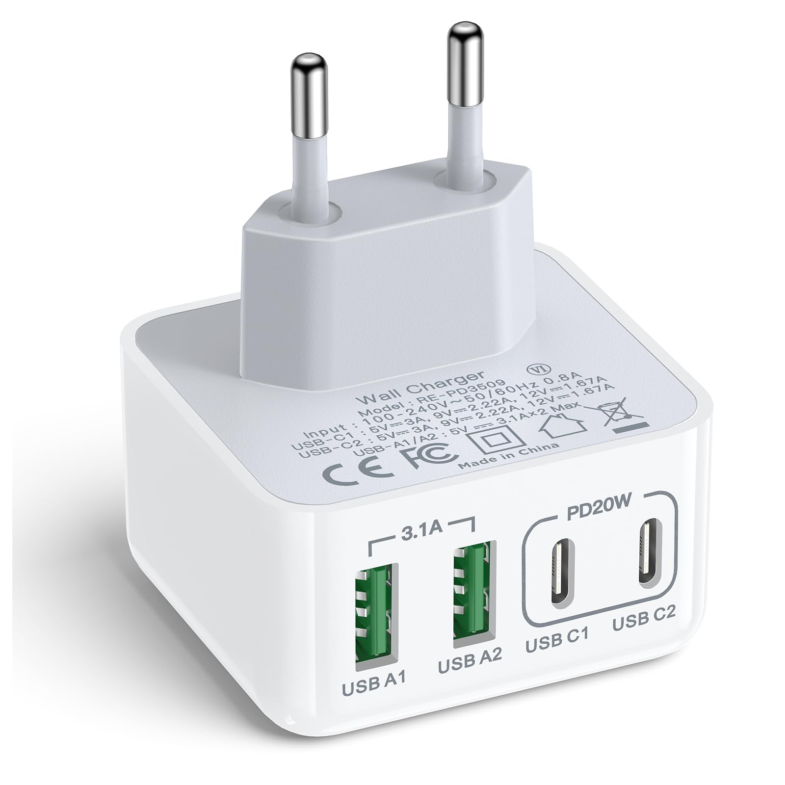 USB C Ladegerät, 40W 4-Port Mehrfach Ladegerät mit USBC und USBA, USBC Schnellladegerät PD 3.0 Power Adapter USB Netzteil für iPhone 16 15 14 13 12 11 Pro Max SE 2020 XS XR X 8 7 6 Plus, Samsung