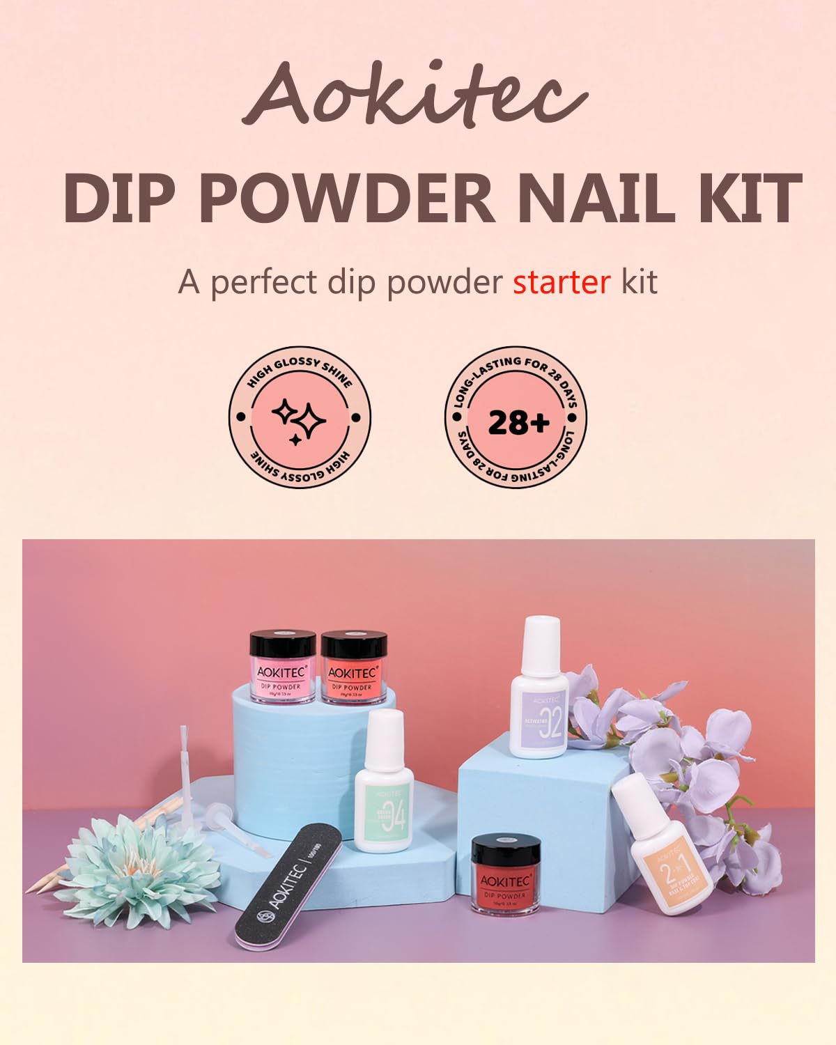 Aokitec Kit di avviamento in polvere per unghie in 3 colori, 12 polveri per ammollo rosa e rosso, con 3 liquidi per ammollo, kit di unghie in acrilico per nail art