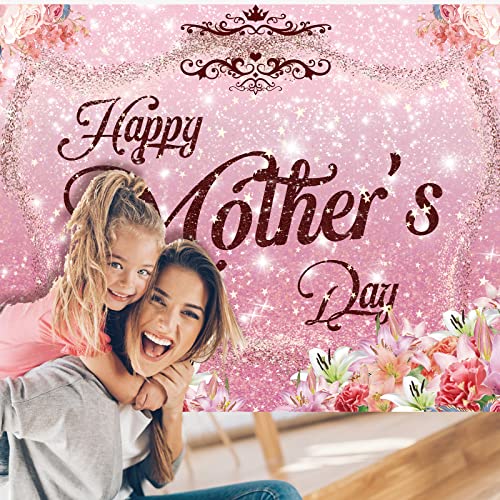 Image of 7X5FT Happy Mother's Day Backdrop /Background Happy Mother's Day Banner Decoration Pink Flowers Family Photo Booth Portrait Studio Props