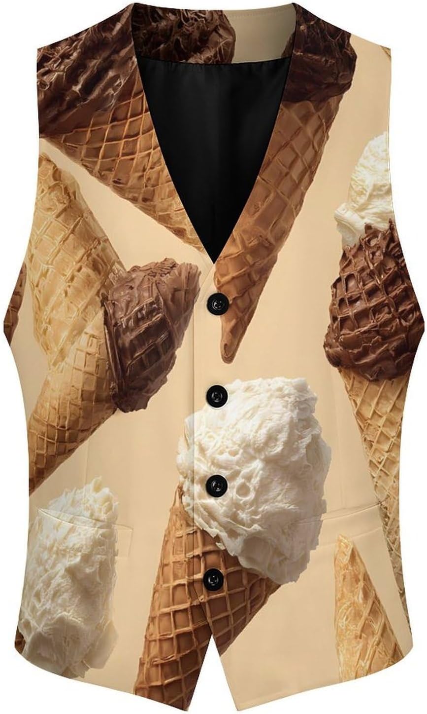 Ice Cream Wafers Cone Mens Suit Vest Waistcoat Formal Business Dress Tuxedo Wedding