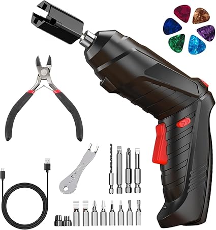 250RPM Guitar String Winder Tool with LED Light, String Cutter, Bridge Pin Puller, 14 Screwdriver Bits and 6 Picks for Electric, Acoustic, Bass, Ukulele and More