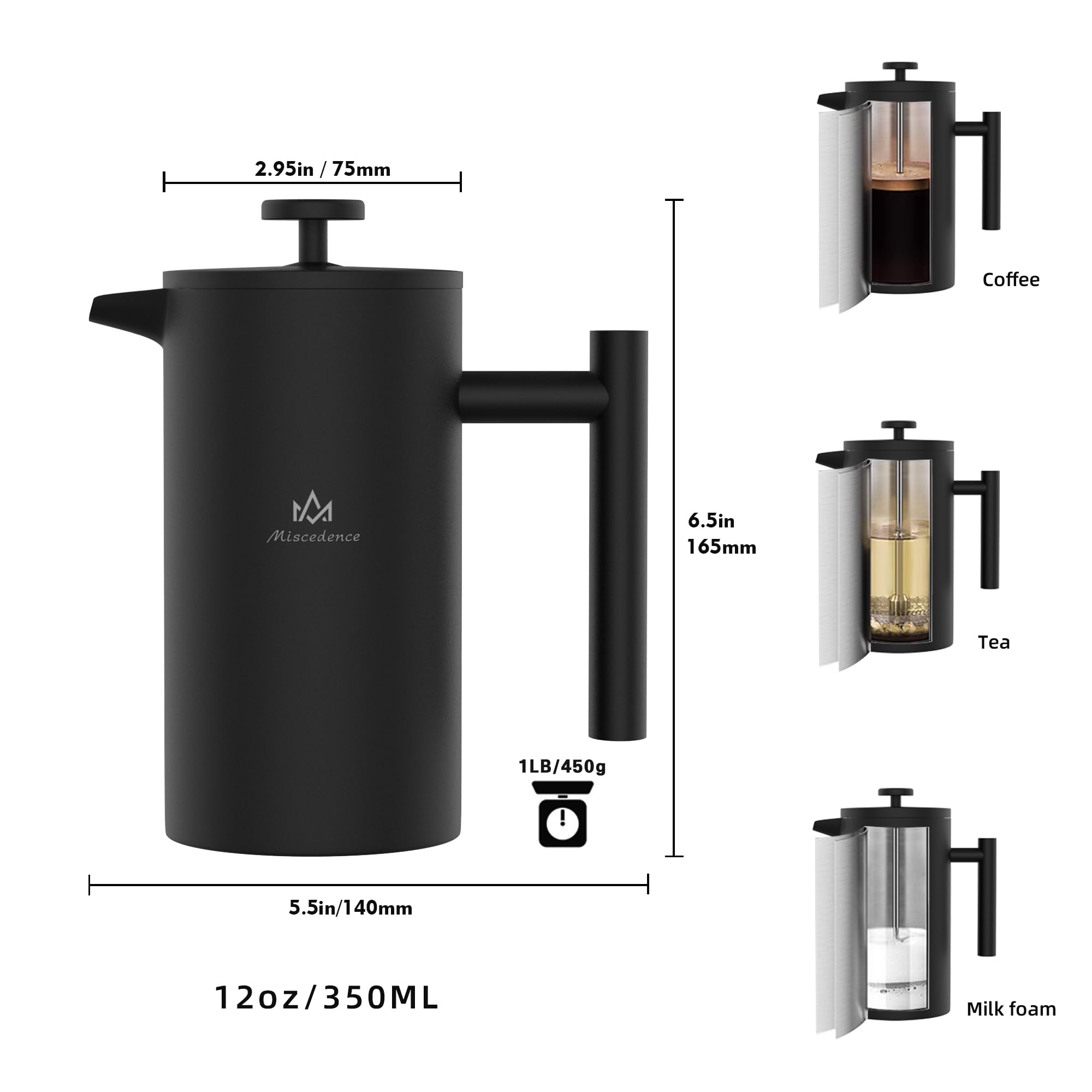 Cafetera de prensa francesa, 12 onzas, doble pared aislada al vacío, acero inoxidable 304
