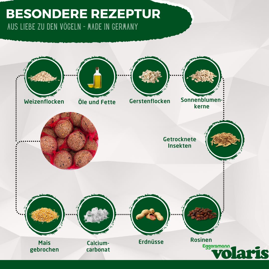 Eggersmann volaris 200 pezzi di palline di grasso proteico con rete 18 kg | Pallina di cereali per uccelli selvatici | Mangime per tutto l'anno ricco di sostanze nutritive per tutte le di uccelli
