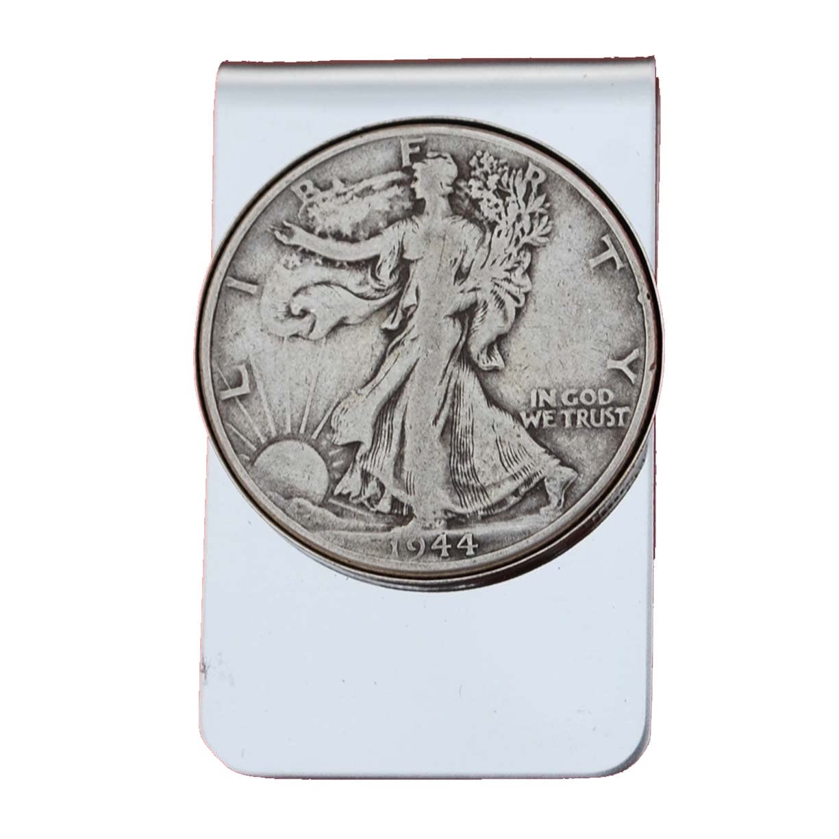 US 1944 Walking Liberty Half Dollar 90% Silver Coin Stainless Steel Money Clip NEW - Silver Plated Coin Bezel