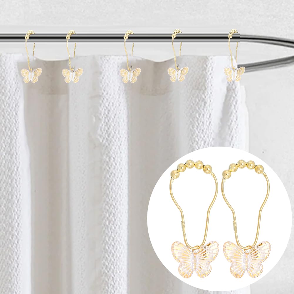 Juego De 12 Ganchos De Cortina De Ducha Tipo Mariposa - Hierro Dorado, Fácil Instalación, Decorativos