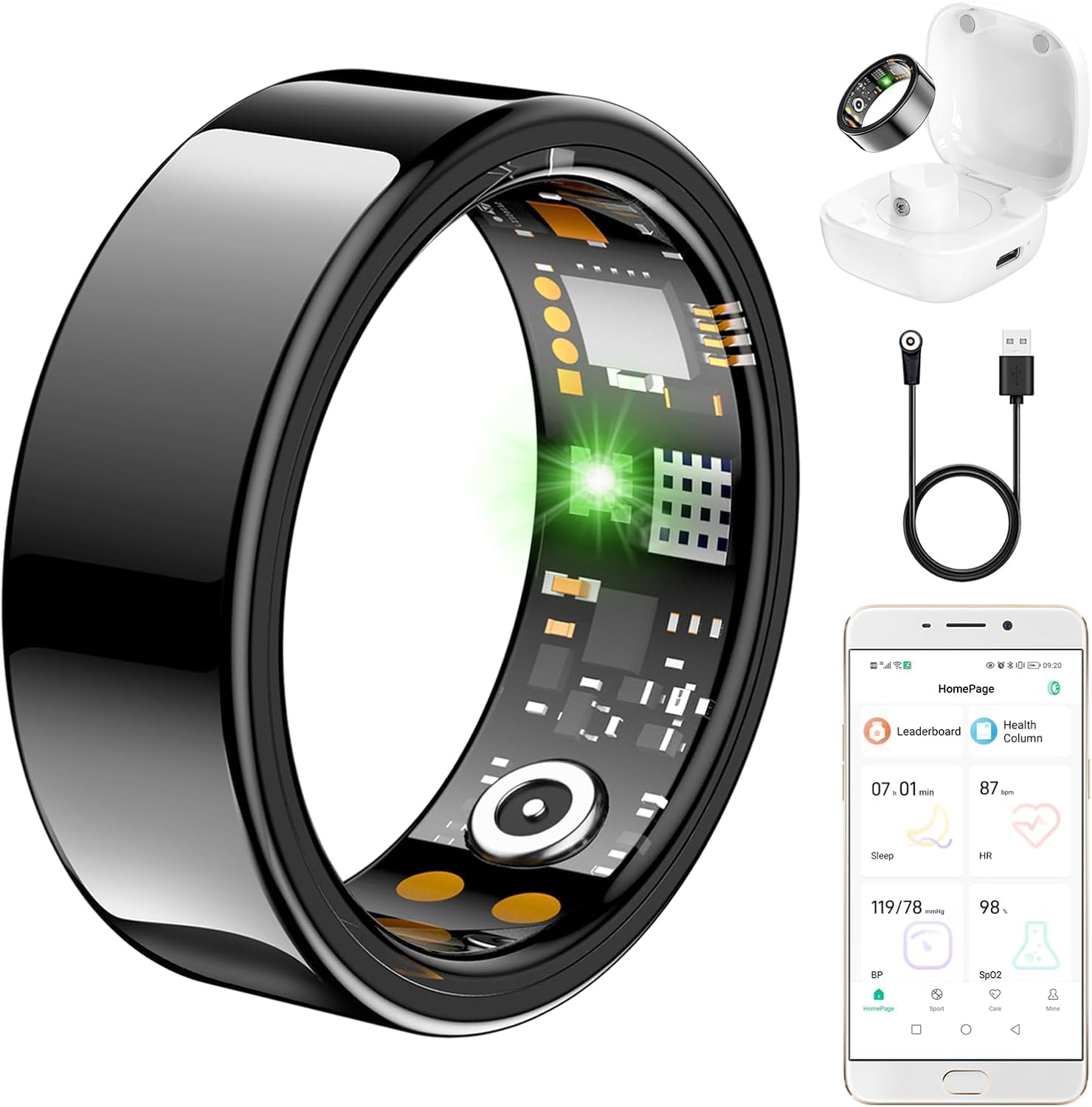 Ring Health Tracker for Women Men, Fitness Ring with Heart Rate,Blood Oxygen,Sleep Monitor,Calories, Step Counter, IP68 Waterproof Smart Ring for iPhone &amp; Android, No Subscription Fee (Black, 13#