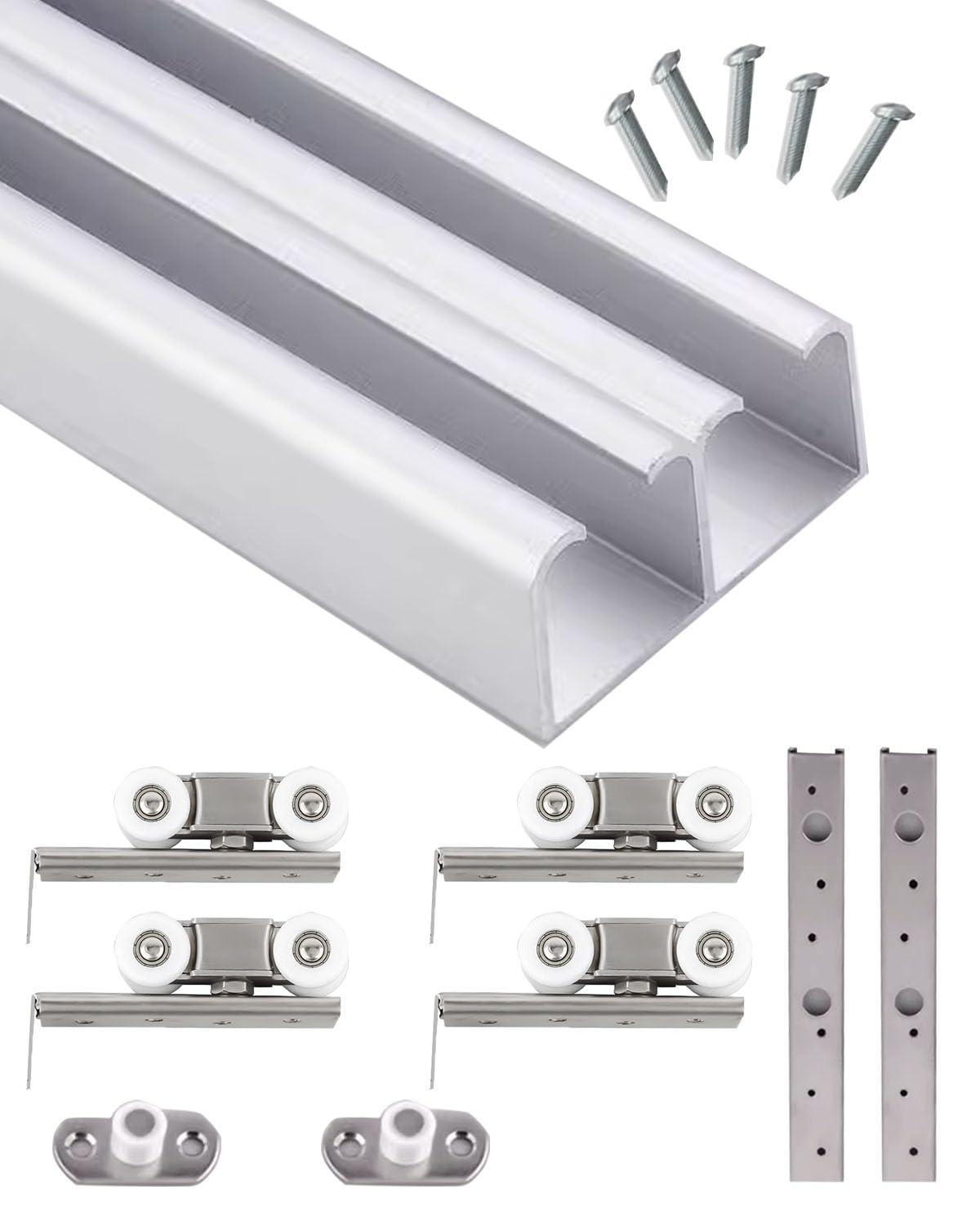 Minglez Silver Sliding Door Kit By-Passing Door Track Hardware Kit Heavy Duty, 1000 1200 2400 3600 4000Mm Sliding Wardrobe Door Track Kit For 2 Doors, Double Top Barn Pocket Door(,2450Mm/96 Inch)