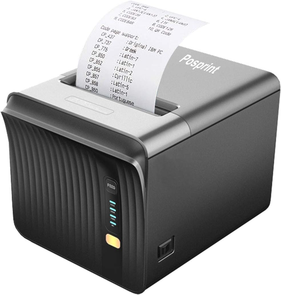 POSPRINT 80mm POS Thermal USB Receipt Printer - Auto Cutter - Cash Drawer Port - Paper Width 3 1/8" (80mm), High-Speed 250mm/sec Printing with ESC/POS Print Commands (Black)