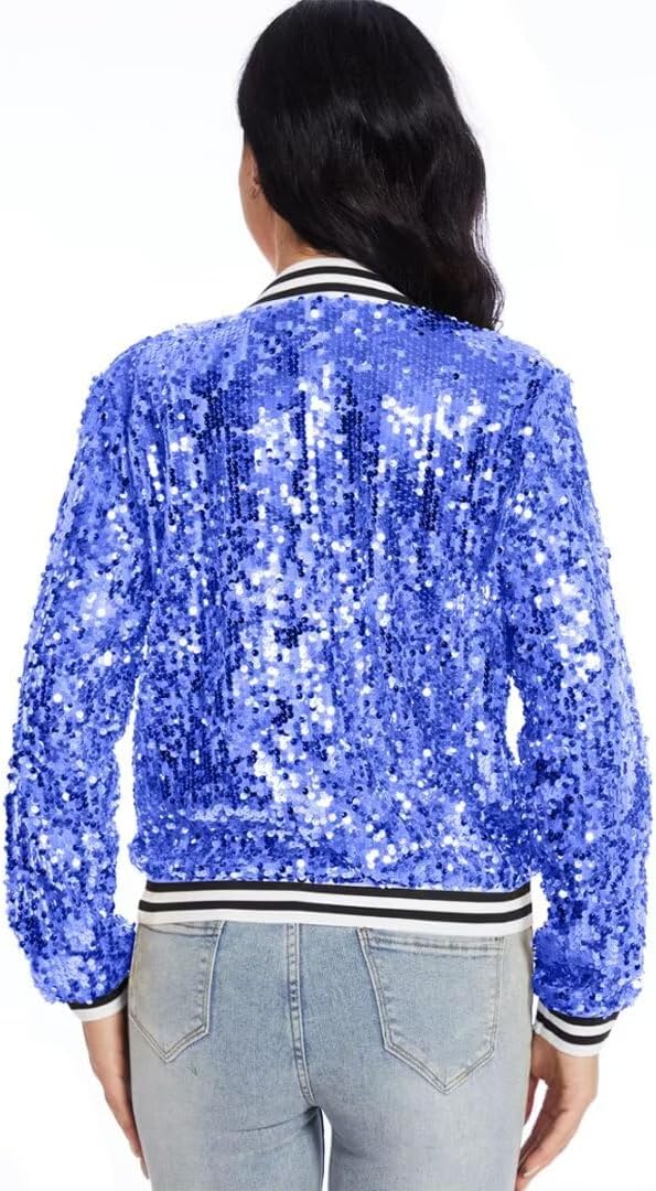 Womens Sequin Jacket Party Festival Outfit Long Sleeve Zipper Up Stylish Glitter Blazer Bomber Jacket