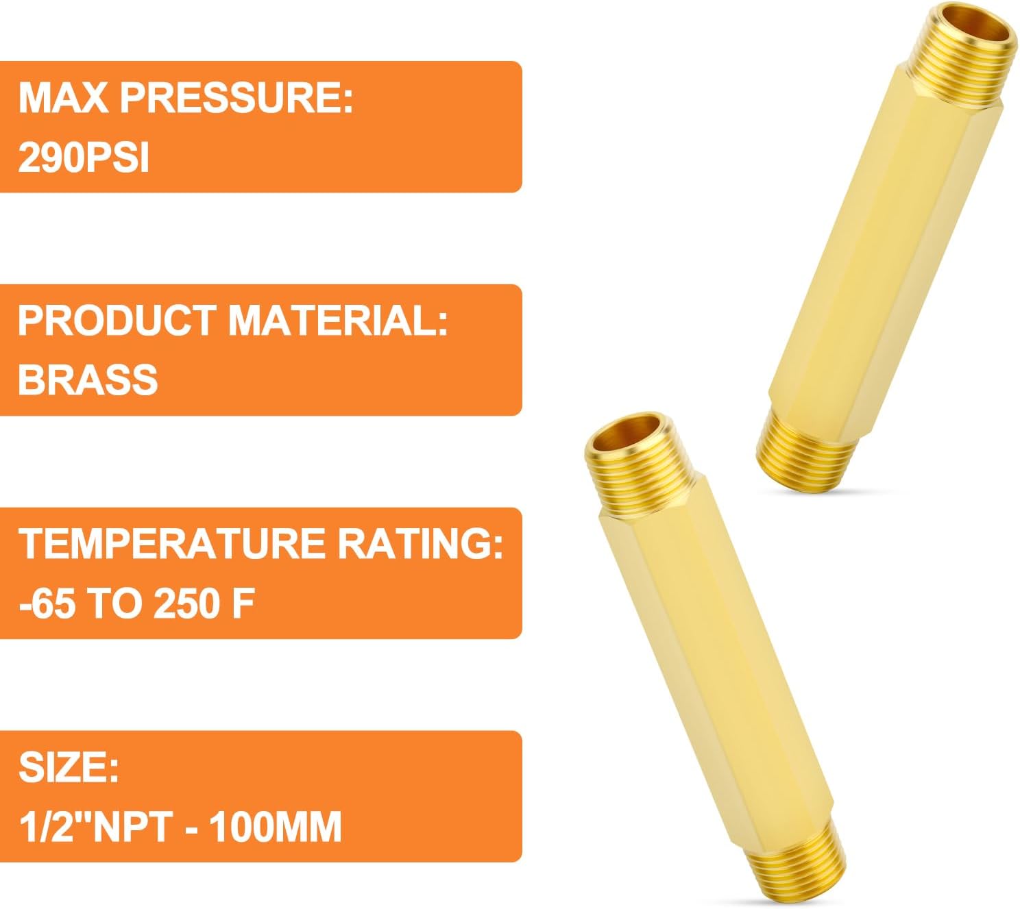 GASHER Brass Long Nipple, 1/2 NPT brass nipple, 4" Length Brass Pipe Fitting(5Pcs)
