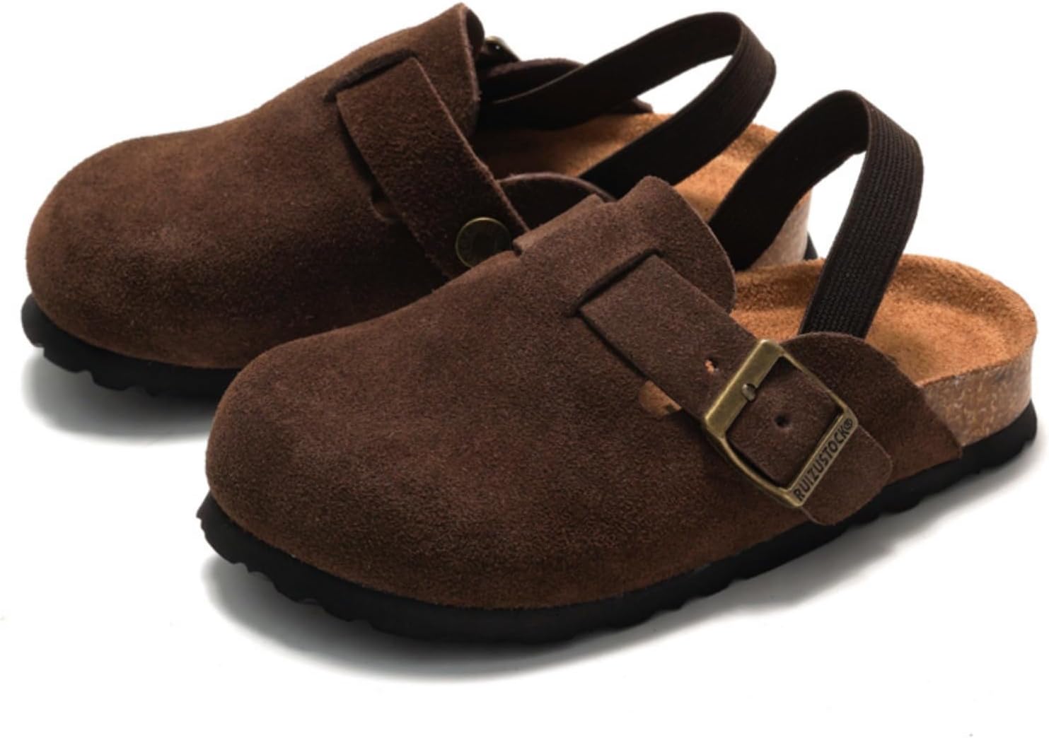 Boys Girls Suede Clogs Kids Toddler Clogs with Arch Support Adjustable Buckle Mules Cork Footbed Sandals Slip On Comfort Potato Shoes for Outdoor Indoor Coffee