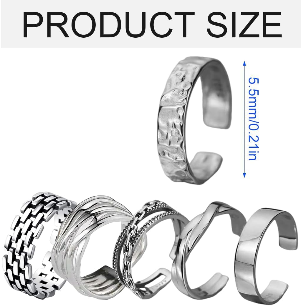 6 Pezzi Anelli Uomo Acciaio Inossidabile Vintage Regolabile Anelli Semplice Anello Impilabile Anello Mignolo Anello Aperto Dito Anelli Set Argento Anello Donna Acciaio Set