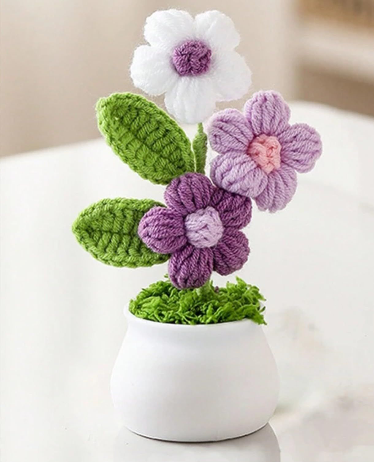 VRB DecTM 1 Pcs Crochet Flowers Artificial Daisy for Office Desk Car Dashboard Decor,Home Decoration, Office, Bedroom, Christmas Decor, Wedding,Diwali (Triple Purple Daisy with Pot)-image-1