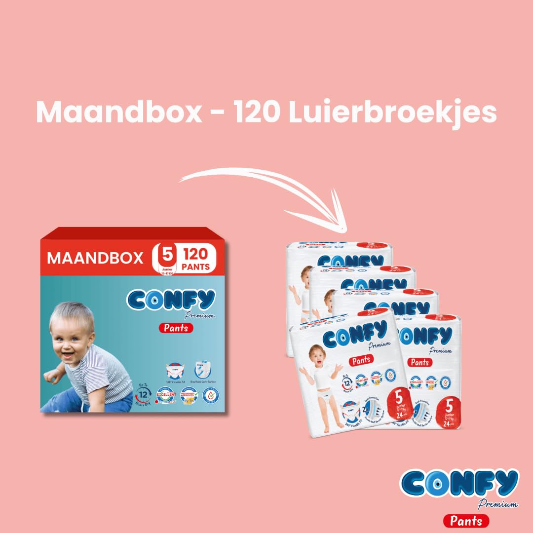 Confy Premium pieluchy rozmiar 5 (12 kg - 17 kg), pojemnik na miesiące, 120 sztuk, testowane dermatologicznie, elastyczne dopasowanie, wskaźnik oddawania moczu, CareShield