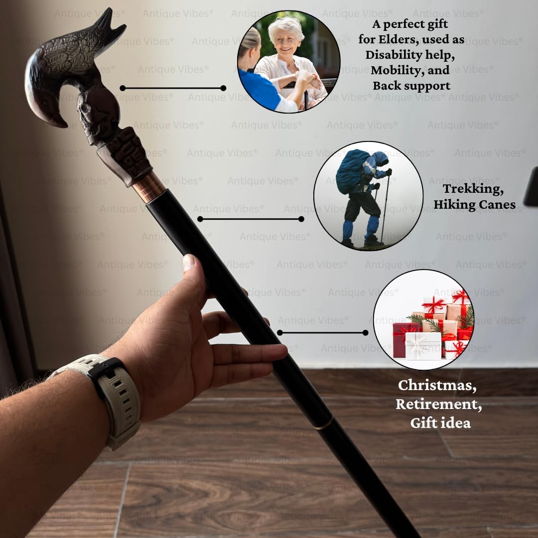 Skull Walking Cane with Raven Handle, Black Wood Shaft, Vintage Copper Accents, Gothic Walking Stick for Men & Women, Gift for Collector