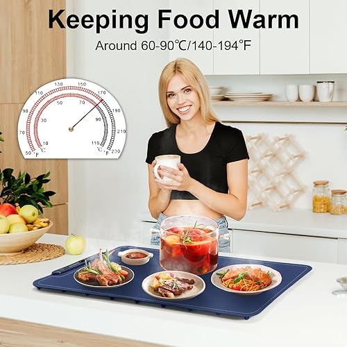 Miniatura 7 de Alfombrilla de calentamiento extragrande para alimentos, 3 niveles de temperatura, bandeja de calentamiento eléctrica plegable con bloqueo de