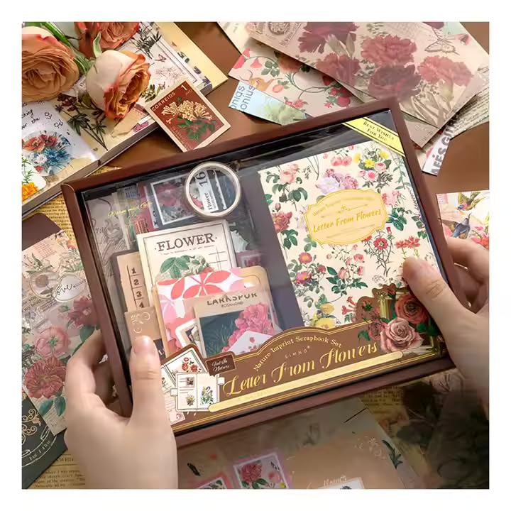 Image of VOTDOT Paper Junk Journal & Scrapbook Kit, Scrapbooking Supplies Kit with Creative Decor Journaling Supplies, Stationery, Stickers, A6 Grid Notebook with Graph Ruled Page Gift for Girl (Red Flower)