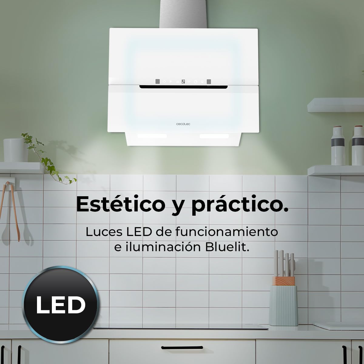 Cecotec Campana Extractora Decorativa 60Cm Bolero Flux Dt 608010 Glass White A++. Acabado Vidrio Blanco, Chimenea Inox, Succión 800M3/H, Motor 210W, Apertura Automática, Filtro Carbono