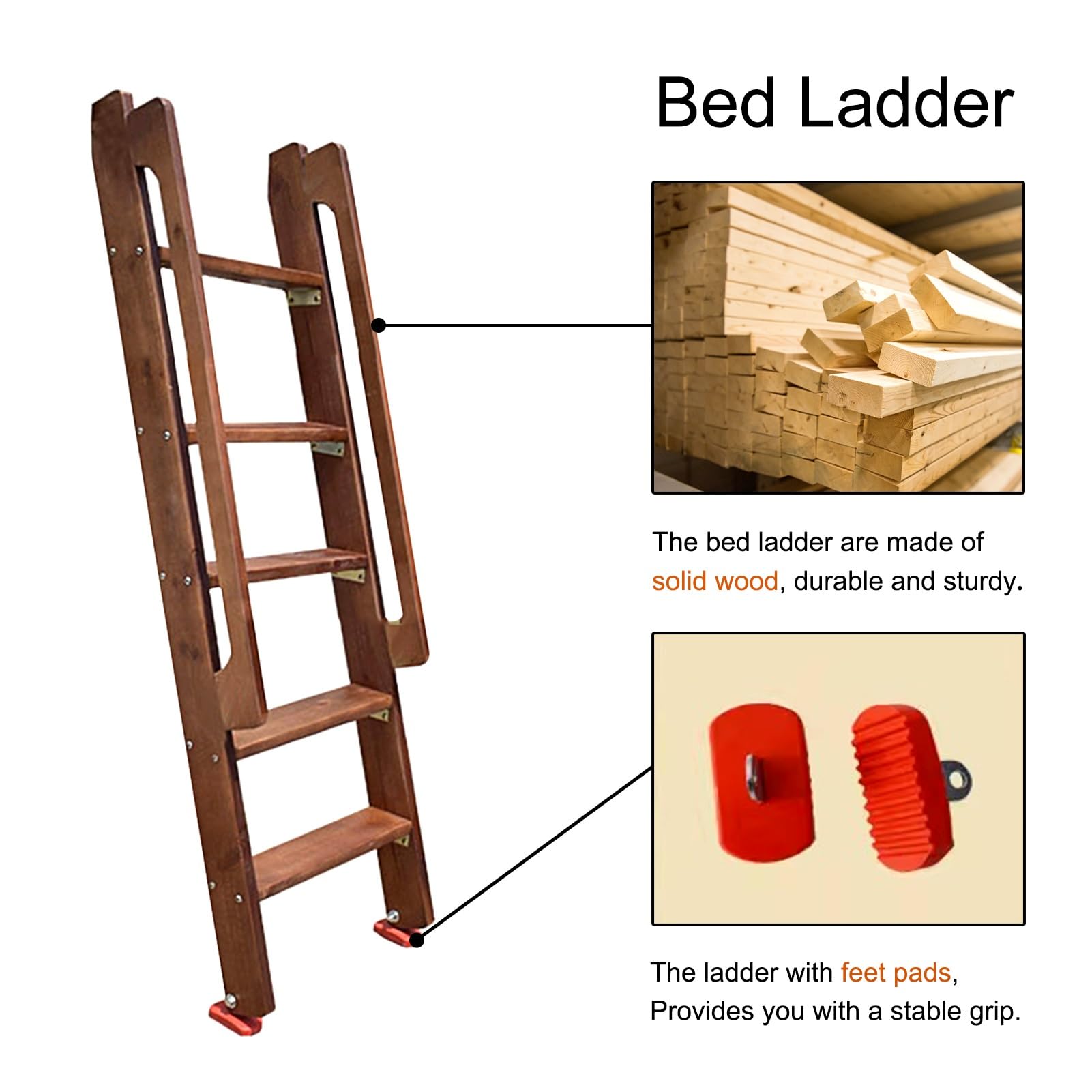 Scalette per letto a castello doppie con corrimano e piedini antiscivolo, scaletta per salita laterale del letto resistente, scala a castello per camper a 5 gradini, scala dritta lunga 59 pollici