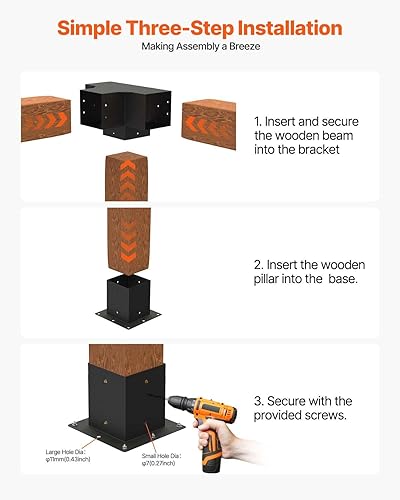 Miniatura 78 de VEVOR Kit de soporte para pérgola de 6 x 6 pulgadas (tamaño interior 5.6 x 5.6), 4 piezas de soporte de esquina resistente de 3 vías, kit de base