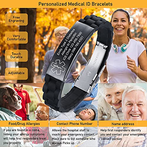 VNOX Medical Alert Bracelets for Men Women Engraving Adjustable Silicone Emergency Medical ID Bracelets - Thumbnail 2