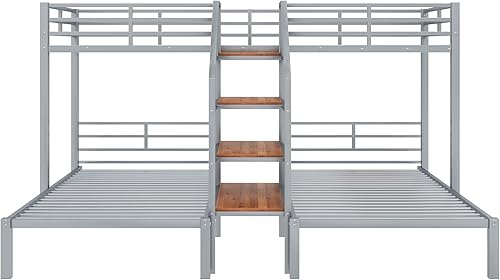 Miniatura 220 de Litera en forma de L individual sobre cama matrimonial adjunta, litera triple de metal con escritorio y tobogán integrados, marco de literas de