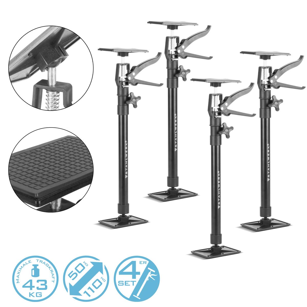 STAHLWERK Teleskop-Stützstange 4er Set 50-110 cm mit 43 kg Tragkraft Montagestütze | Baustütze | Teleskopstütze | Türspanner | Deckenstütze | Spannstütze | Einhandstütze | Schnellspannstütze