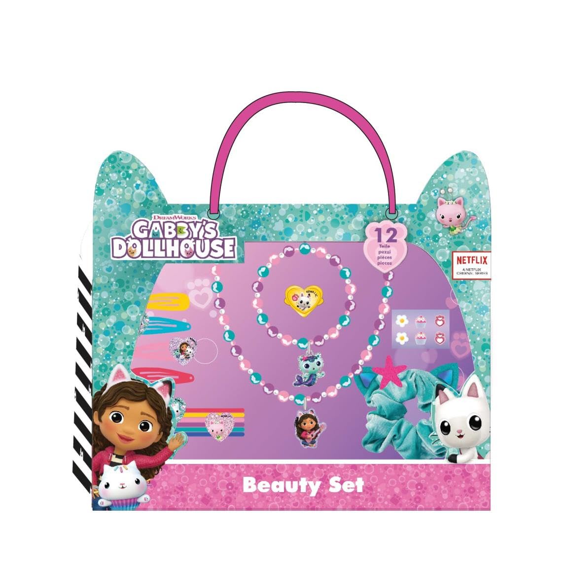 Gabby's Dollhouse Children's Beauty Set – Multi-Coloured – Includes 6 Scrunchies, 1 Fabric Scrunchie, 4 Hair Clips, 2 Necklaces, Ring and Stickers – Original Product Designed in Spain