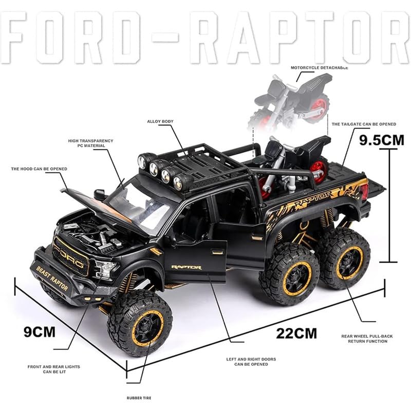 Image of Kids Model 1:24 Raptor F150 Die Cast Metal Car Pull Back Action Opening Doors with Realistic Engine Sound Lights Toy Car Gift for Boys - Multi